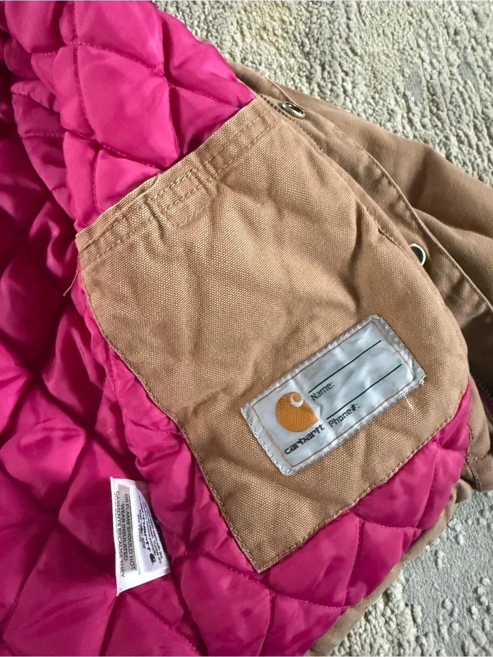 Carhartt Jacket tan Khaki insulated pink lining zipper and button snap XS